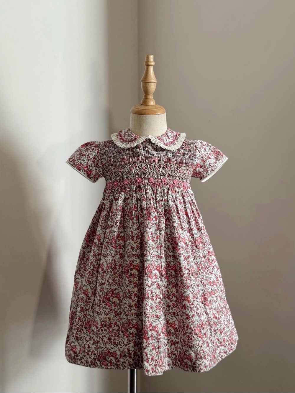 Smocked Floral Puff-Sleeve Kids Dress in Dusty Rose
